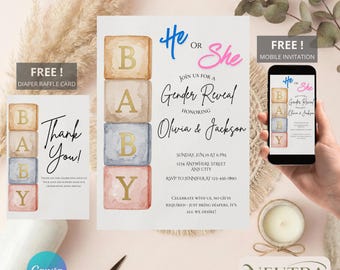 He or She Gender Reveal Invitation Bundle, Watercolor Baby Blocks (Digital Download)