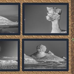 May include: A black and white collage featuring four images of unique rock formations in a desert landscape. The formations have interesting shapes and textures, set against a neutral sky. The collage is framed with a dark blue border.
