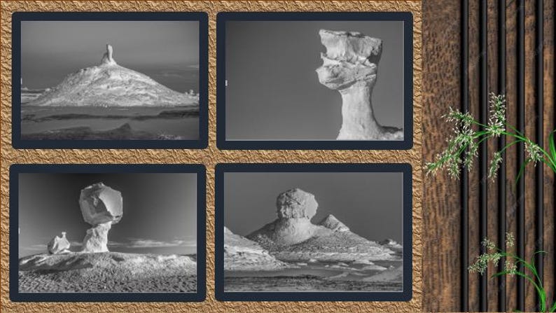 May include: A black and white collage featuring four images of unique rock formations in a desert landscape. The formations have interesting shapes and textures, set against a neutral sky. The collage is framed with a dark blue border.