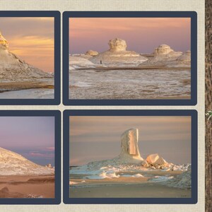 May include: Four framed landscape photographs of white rock formations in a desert setting. The images feature unique shapes and textures against a backdrop of colorful skies, with a wooden panel and greenery on the right.
