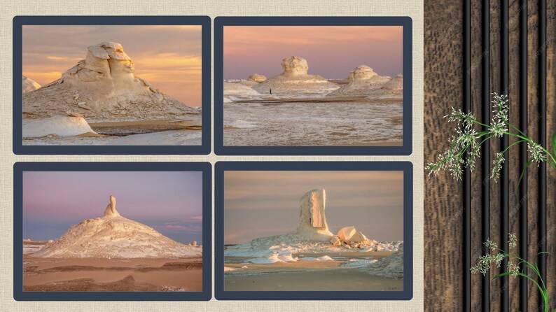 May include: Four framed landscape photographs of white rock formations in a desert setting. The images feature unique shapes and textures against a backdrop of colorful skies, with a wooden panel and greenery on the right.