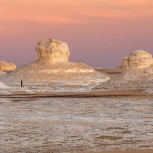 May include: A vast desert landscape under a dusky pink and orange sky. White rock formations dot the sandy terrain, with a lone figure walking in the distance. The scene evokes a sense of solitude and natural beauty.