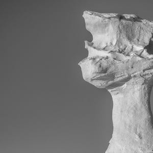 May include: A black and white photograph of a white rock formation against a gray sky. The rock has a unique shape, resembling a head or a sculpture, with a textured surface and a slender neck.