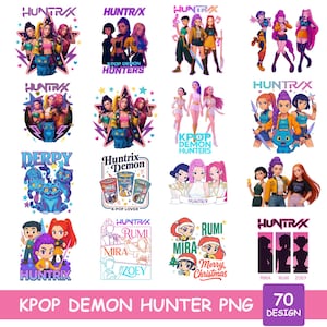 Peut inclure: Une collection d'illustrations numériques colorées mettant en scène des personnages de style anime, le texte "HUNTRAX" et "KPOP DEMON HUNTERS". Les motifs incluent des groupes de filles, des chats et les mots "RUMI", "MIRA" et "ZOEY".