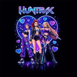 Peut inclure: Illustration numérique de trois femmes vêtues de tenues élégantes, sur fond de cœur avec des effets lumineux. L'image comprend le texte "HUNTRAX" en haut. Les femmes sont dans diverses poses, avec une esthétique futuriste inspirée des mangas.