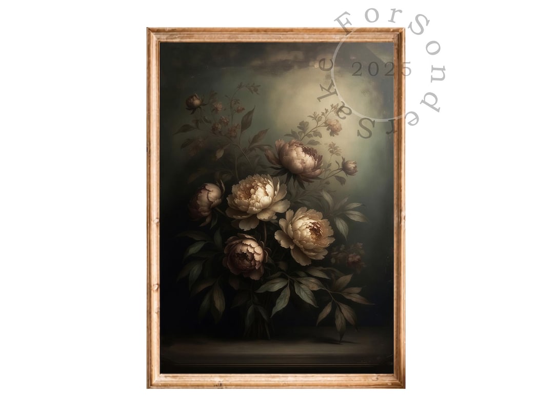 Dark Moody Floral Wall Art Print, Vintage Peony Painting, Antique ...