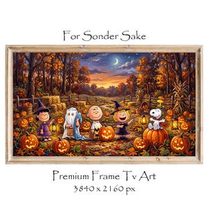 May include: A framed digital artwork titled For Sonder Sake Premium Frame Tv Art 3840 x 2160 px, depicting a nighttime autumn pumpkin patch scene with cartoon characters in Halloween costumes, including a ghost, witches, and a dog, surrounded by jack-o'-lanterns.