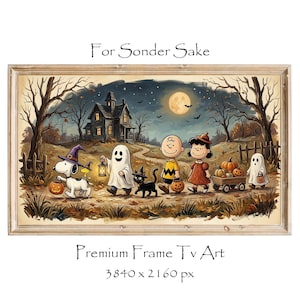 May include: A rectangular framed digital print featuring a Halloween scene with cartoon characters trick-or-treating near a haunted house under a full moon. Text reads For Sonder Sake, Premium Frame Tv Art, and 3840 x 2160 px.