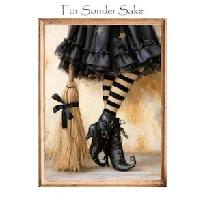 May include: A framed print titled For Sonder Sake featuring a black ruffled skirt with gold stars, black and beige striped stockings, black lace-up boots with curled toes, and a straw broom tied with a black ribbon, all set against a tan background.