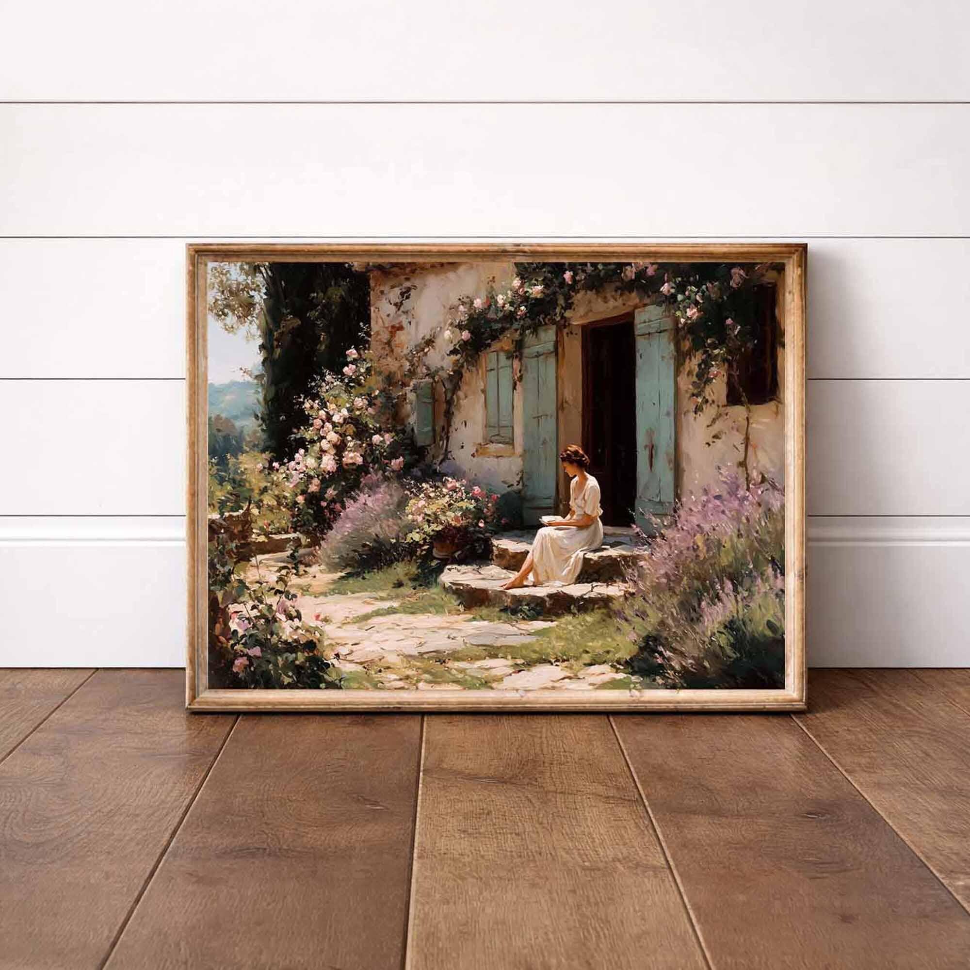 Vintage Cottage Garden Wall Art, Romantic French Country Painting ...