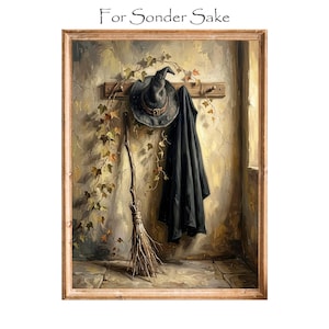 May include: A framed wall art print titled For Sonder Sake featuring a painting of a black pointed hat and a black cloak hanging on a wooden rack, with a wooden broom leaning against a wall covered in climbing ivy vines in a stone room.