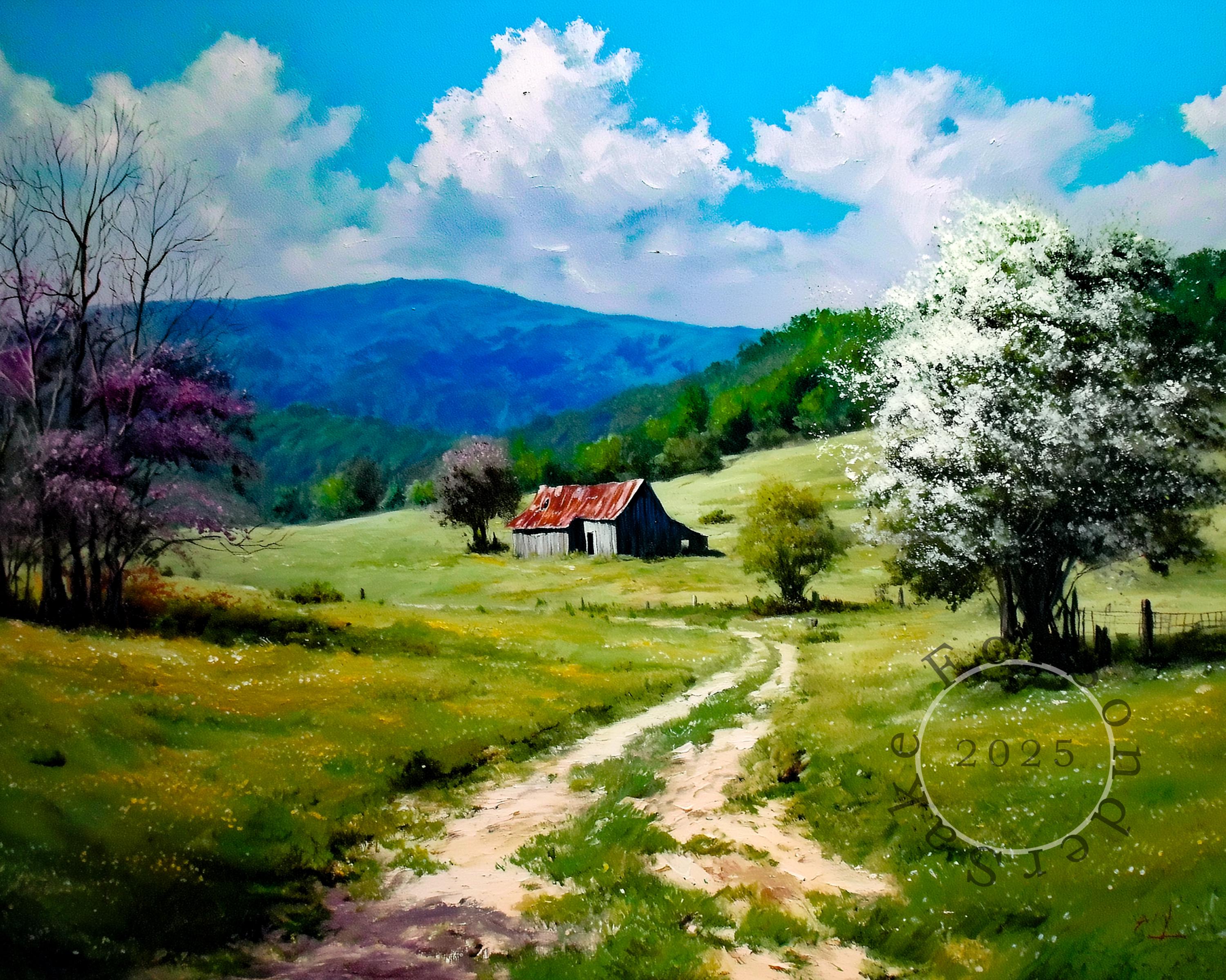 Spring Farmhouse Landscape Painting, Rustic Barn Printable Art (digital ...