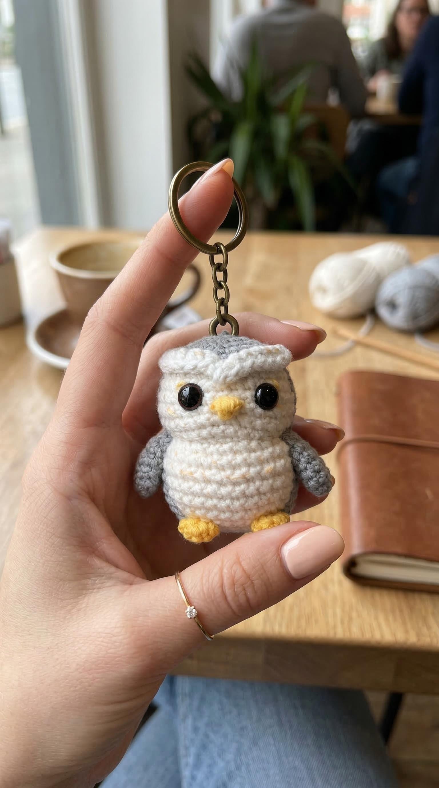 Crochet Owl Keychain, Amigurumi Bird Bag Charm, Cute Grey Snowy Owl Keyring, Backpack Accessory, Gif