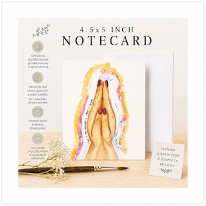 May include: A 4.5 x 5 inch notecard featuring a watercolor painting of hands in prayer with a quote from A Course in Miracles. The card has a white envelope and is printed on high-quality linen paper. The original watercolor is printed from the artist's original painting.