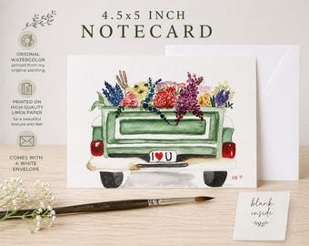 Watercolor Notecard | All Occasion Card | Truck with Flowers | Original Watercolor Notecard| Handmade| Gift | Old Truck | Card | Print