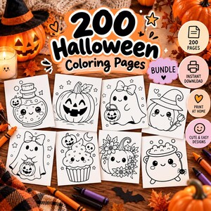 Pode incluir: Um pacote digital de 200 páginas para colorir de Halloween com desenhos de linhas em preto e branco de fantasmas, abóboras, cupcakes e caldeirões. O texto diz 200 Halloween Coloring Pages, 200 Pages, Instant Download, Print at Home e Cute & Easy Designs.