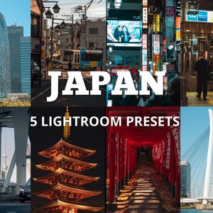 Puede incluir: Un collage de imágenes de Japón, incluyendo paisajes urbanos, templos y puentes. La palabra "JAPAN" se muestra prominentemente en letras blancas, con el texto "5 LIGHTROOM PRESETS" debajo. Las imágenes muestran diversos estilos arquitectónicos y escenas urbanas.