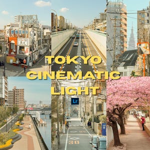 Könnte beinhalten: Eine Collage von Bildern aus Tokio, die Straßen, Gebäude und Kirschblütenbäume zeigen. Der Text "TOKYO CINEMATIC LIGHT" ist gelb überlagert. Die Bilder haben eine warme Farbpalette und zeigen die Stadt.