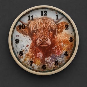 Pode incluir: Um relógio de parede redondo com moldura de cor clara apresentando uma ilustração impressa de uma vaca Highland de pelo comprido rodeada por flores silvestres coloridas. O mostrador exibe algarismos arábicos pretos de 1 a 12 e ponteiros castanhos.