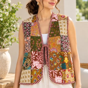Handgefertigte Patchwork-Steppweste, wendbare Boho-Jacke, Baumwollweste zum Kombinieren