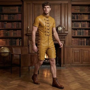 May include: A mustard yellow leather romper with short sleeves and shorts, featuring multiple buckle details. The outfit is paired with brown leather boots. The background includes a library with bookshelves and a fireplace.