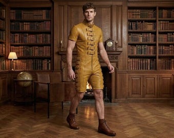Men Mustard Leather Jumpsuit Short Sleeve Romper, Real Cowhide Leather One Piece Outfit, Designer Leather Bodysuit, Festival Party Wear