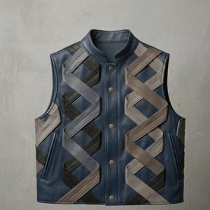 Mens Blue Leather Vest, Geometric Patchwork Biker genuine cowhide Waistcoat, Streetwear Sleeveless Jacket