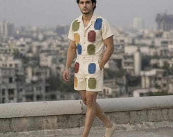 Men Patchwork Leather Jumpsuit, Cowhide Short Sleeve Romper, Handmade Festival Outfit, Designer Summer Playsuit, Statement Streetwear Set