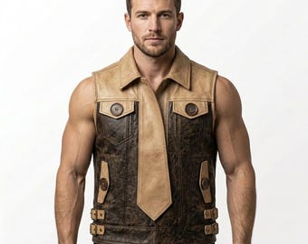 Chaleco de motociclista de cuero de vaca marrón desgastado para hombre, estilo gótico punk rocker vintage.