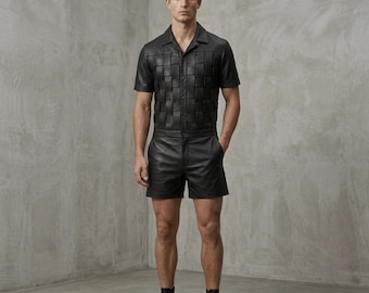 Mono de cuero para hombre, mono de cuero negro, mono con paneles tejidos, conjunto de ropa urbana de lujo, mono de manga corta de diseñador, festivo hecho a mano