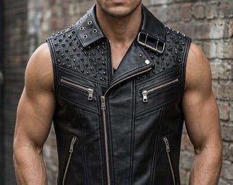 Men's Black Studded Cowhide Leather Biker Vest – Punk Rock Waistcoat, Adjustable side buckle ,Handmade