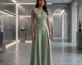 Sage Green Leather Two Piece Set, Crystal Embellished Vest, Pleated Wide Leg Pants Party Coordinate