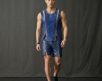 Men Blue Leather Vest and Shorts Set, Suede Panel Streetwear Outfit,festival party outfit