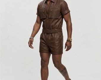 Mono de piel de vaca auténtica para hombre, mono marrón de manga corta, mono cargo utilitario, conjunto de motociclista de piel auténtica, estilo safari de lujo con cinturón
