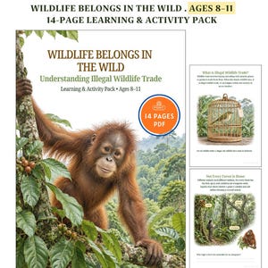 May include: A 14-page learning and activity pack titled Wildlife Belongs in the Wild: Understanding Illegal Wildlife Trade for ages 8-11. The cover features an orangutan in a tree, and the interior pages show a bird in a cage and forest scenes.