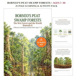 May include: A 21-page learning and activity pack titled Borneo's Peat Swamp Forests: The Wet Forest and the World Beneath It. The cover features a lush forest scene with tall trees and water. Two interior pages show diagrams and text about carbon.