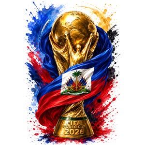 May include: A golden FIFA World Cup 2026 trophy featuring a globe held aloft by two figures, draped in a blue and red flag with a central emblem featuring a palm tree and weapons. The design includes vibrant blue, red, and yellow paint splatters.