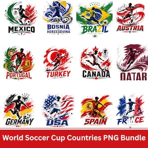 May include: A collection of soccer-themed graphics featuring various countries' flags and players in action. Each design includes the country's name, such as Mexico, Brazil, and the USA, with a dynamic illustration of a soccer player.