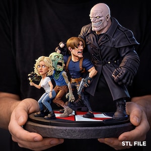 Puede incluir: Figura detallada con personajes de la serie de videojuegos Resident Evil. La escultura incluye una figura grande y amenazante con un abrigo negro y varias figuras más pequeñas en poses de acción. La base tiene un diseño rojo y blanco. El texto "STL FILE" es visible.
