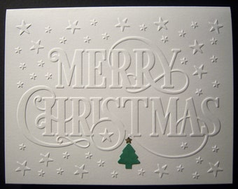 Set of 10 Embossed Merry Christmas with Stars Cards