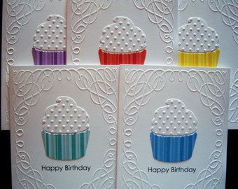 Set of 5 Embossed Swirling Border Cupcake Birthday Cards