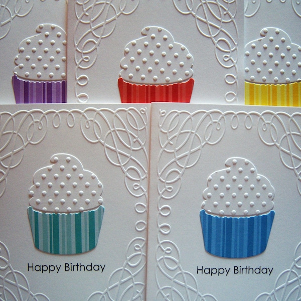 Set of 5 Embossed Swirling Border Cupcake Birthday Cards