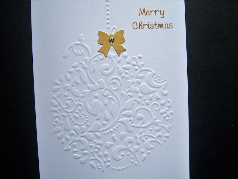 Set of 10 Embossed Single Ornament with Gold Bow Christmas Cards image 1