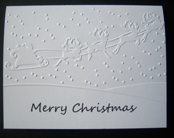 Set of 10 Embossed Santa and His Reindeer Christmas Card