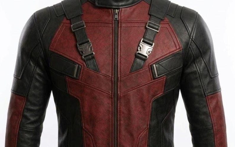 May include: A black and red leather jacket with a zip-up front and shoulder straps. The jacket features a distinctive design with black panels and red accents, and metal buckles.