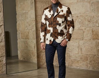 Men's Hair-On Cowhide Leather Jacket: Western Cowboy Coat, Handmade Cow Print Style