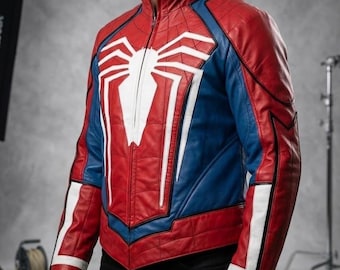 Spider Man Leather Jacket Red Blue White | Spiderman Cosplay Costume Men Women | Superhero Biker Jacket Handmade Lambskin