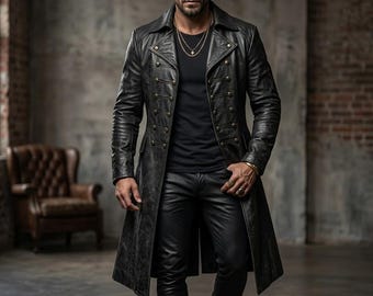 Mens Black Distressed Leather Pirate Jacket Long Cowhide Trench Coat Gothic Vintage Steampunk Coat