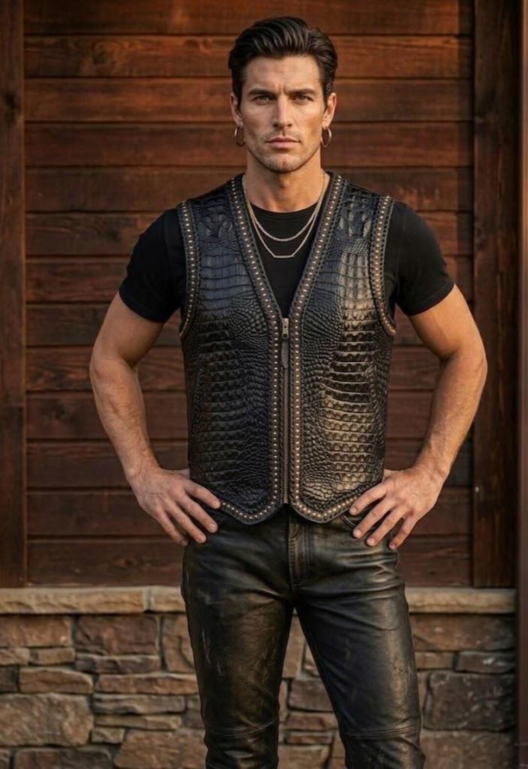Unisex Leather Biker Vest Crocodile Embossed Motorcycle Club Waistcoat ...