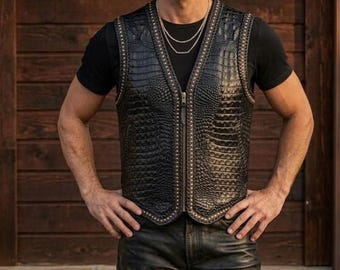 Chaleco unisex de cuero para motociclistas, chaleco de club de motociclistas con relieve de cocodrilo, chaleco de cuero de vaca, regalo
